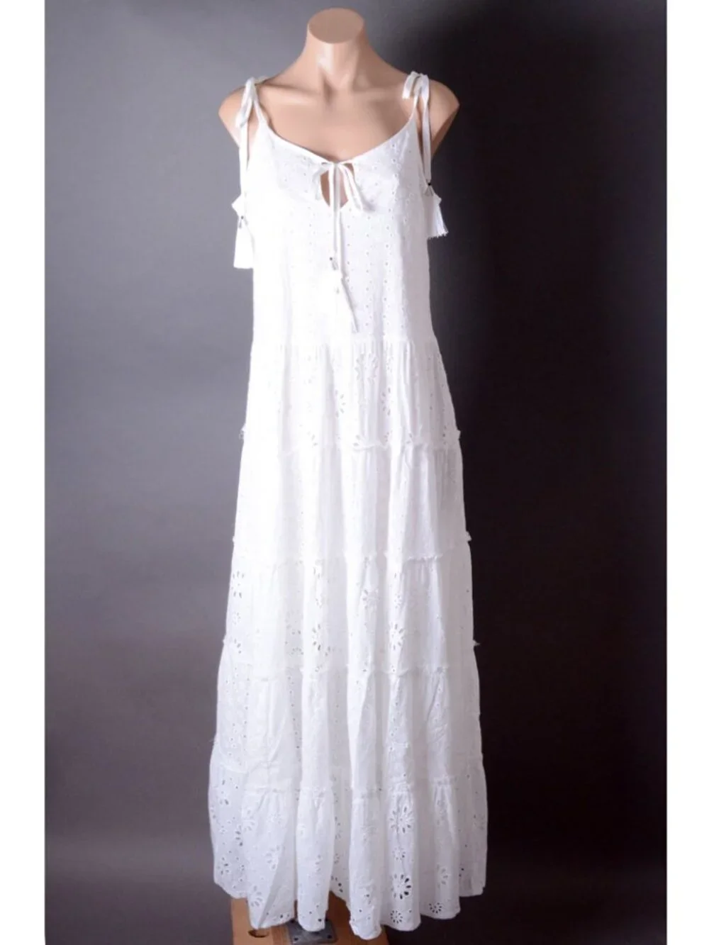 White Tiered Crochet Eyelet Fringe Bohemian Sleeveless Bow Summer Long Dress - Picture 6 of 11